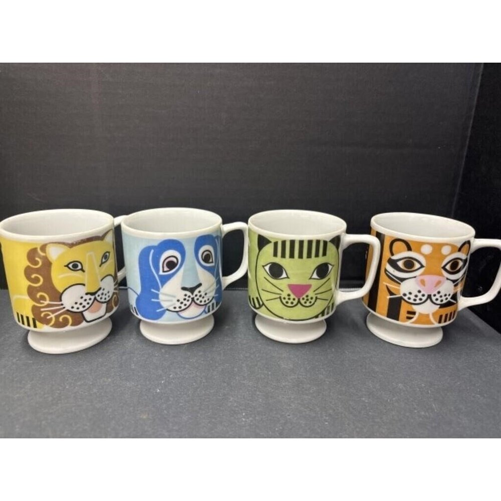 4 Cute Animal Vintage Mugs, Japan, Lion, Tiger, Cat, Dog, Tea Coffee Cup Mug